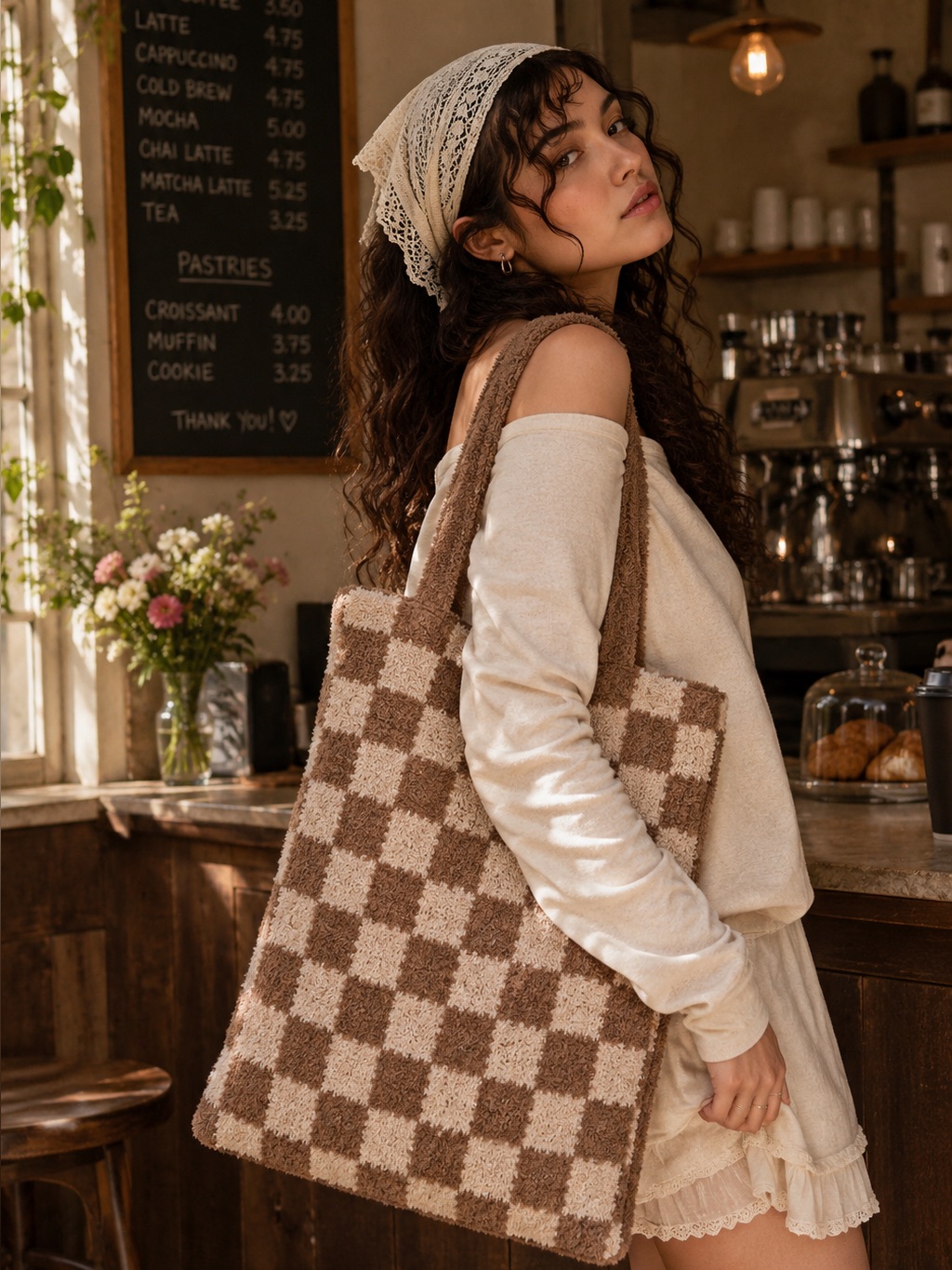 Free People Cozy Checkered Knit Tote Bag | Soft Fuzzy Neutral Bookbag Market
